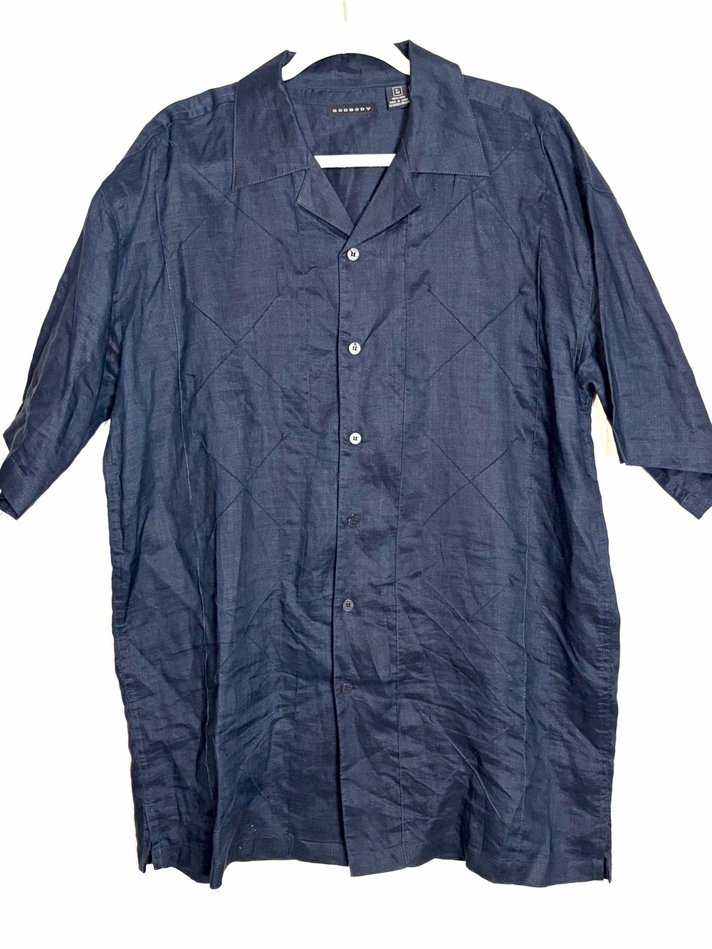 Godbody Mens L Navy Blue 100% Linen Short Sleeve Camp Shirt Stitch Detail Casual